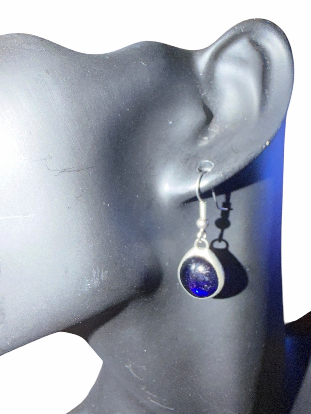 Silver tone Drop Earrings with Deep Blue Stone